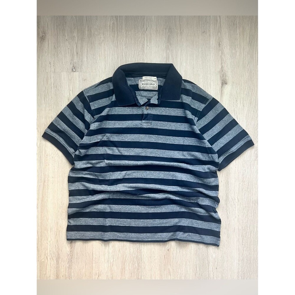 Vintage Y2K Striped Short Sleeve Polo Shirt Mens XXL Gray Blue Preppy Rave Style